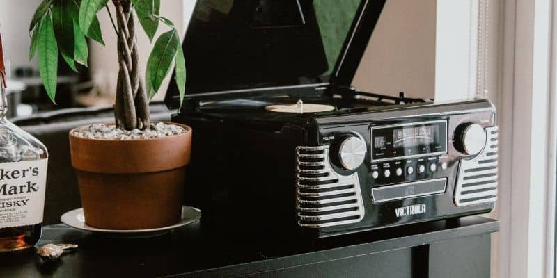 Record player setup with plant